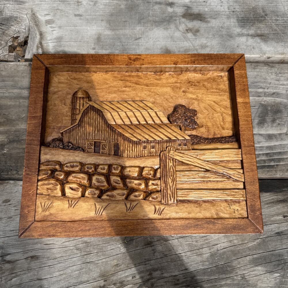 Vintage Hand Carved Wood Barn Farm Relief Wall Plaque Artisan Signed EM